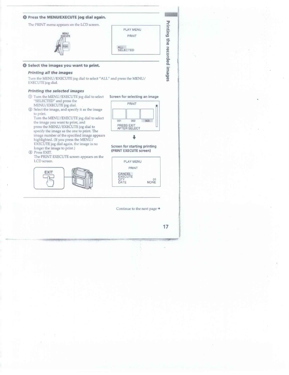 O press the menu/execute jog dial again, O select the images you want to print, Screen for selecting an image | Sony DSC-F1 User Manual | Page 17 / 60