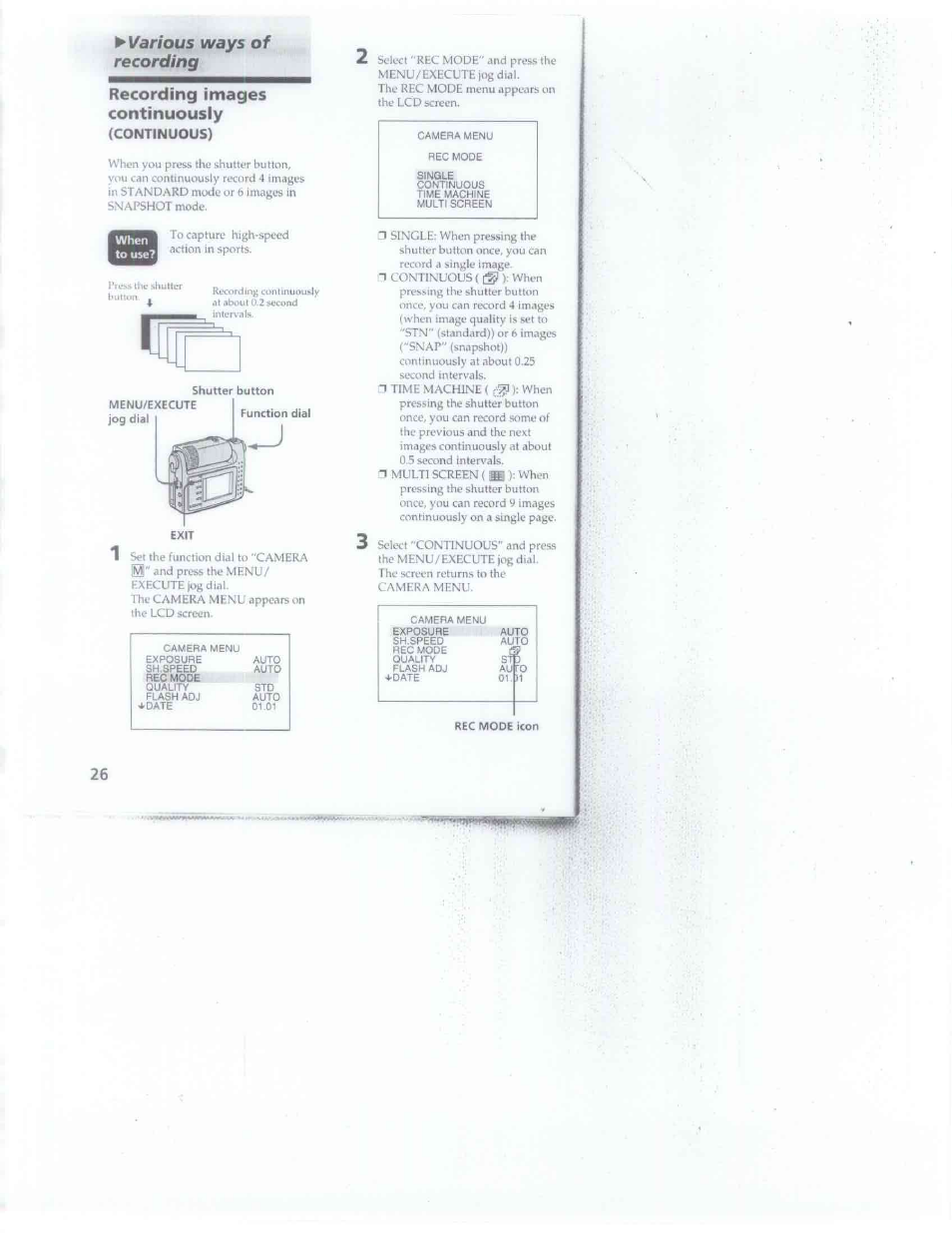 Various ways of recording, Recording images continuously, Continuous) | Recording images continuously (continuous) | Sony DSC-F1 User Manual | Page 26 / 60
