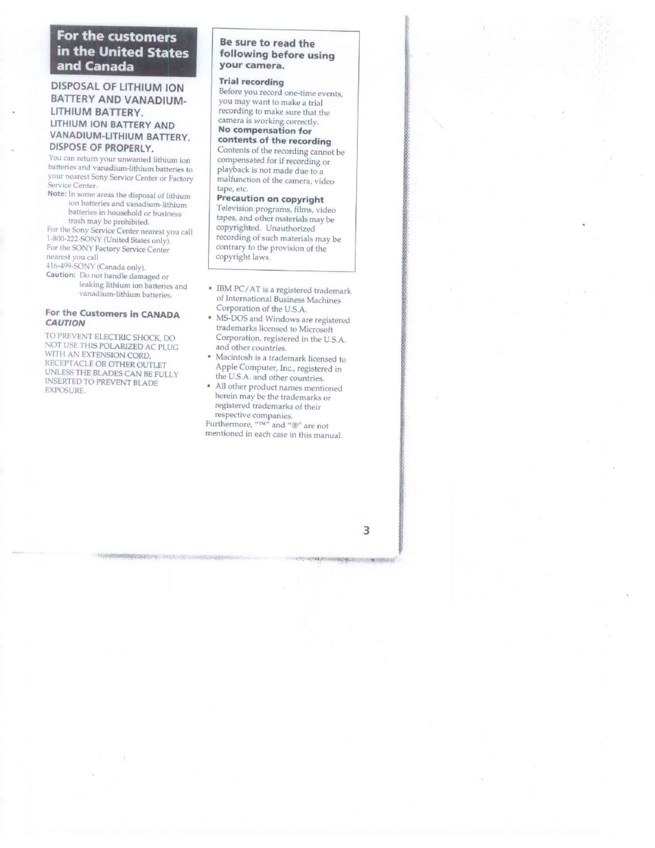 For the customers in canada caution, For the customers in the united states and canada | Sony DSC-F1 User Manual | Page 3 / 60