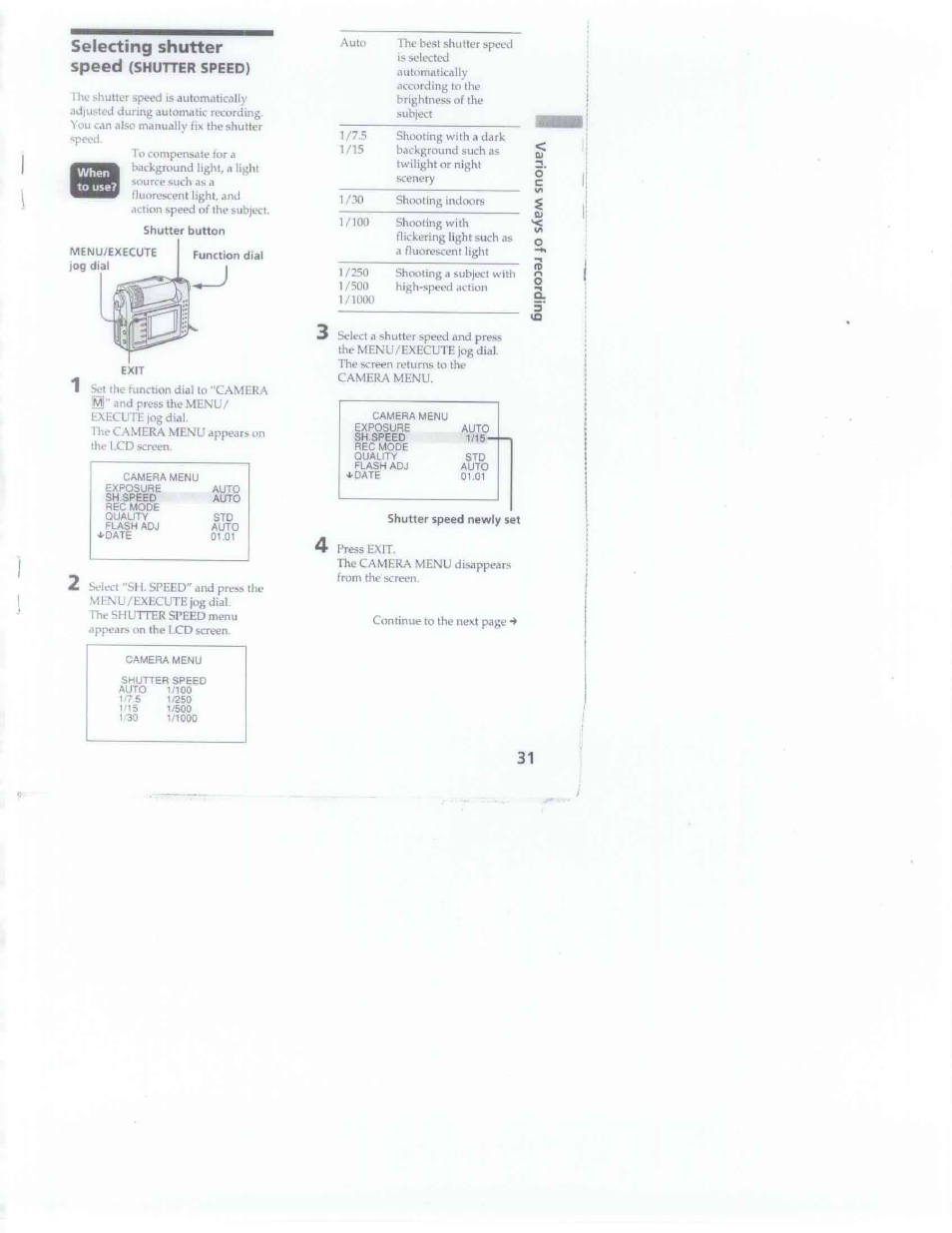 Selecting shutter speed (shutter speed), Selecting shutter speed | Sony DSC-F1 User Manual | Page 31 / 60