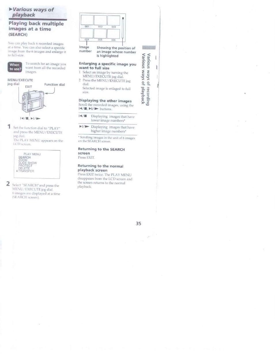 Various ways of playback, Playing back multiple images at a time (search), Enlarging a specific image you want to full size | Displaying the other images, Returning to the search screen, Returning to the normal playback screen, Aj i | Sony DSC-F1 User Manual | Page 35 / 60