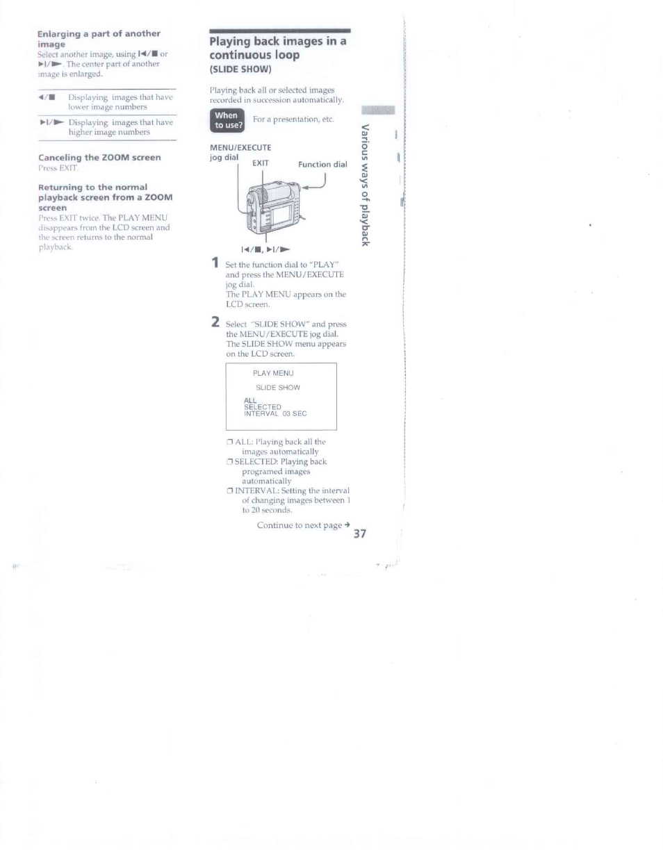 Enlarging a part of another image, Canceling the zoom screen, Playing back images in a continuous loop | Sony DSC-F1 User Manual | Page 37 / 60