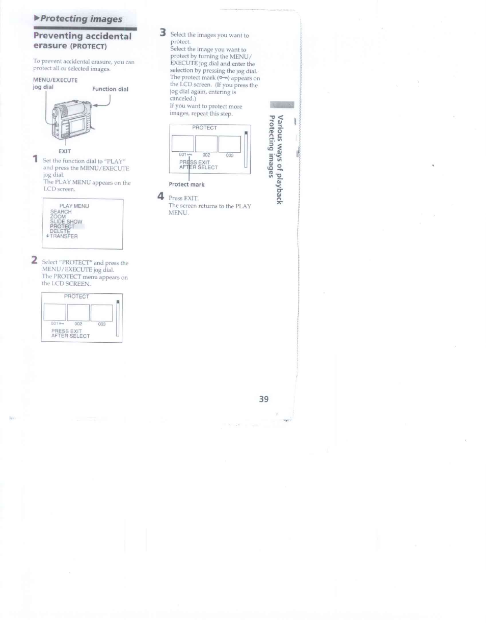 Protecting images, Preventing accidental erasure (protect), Protecting images preventing accidental erasure | Sony DSC-F1 User Manual | Page 39 / 60