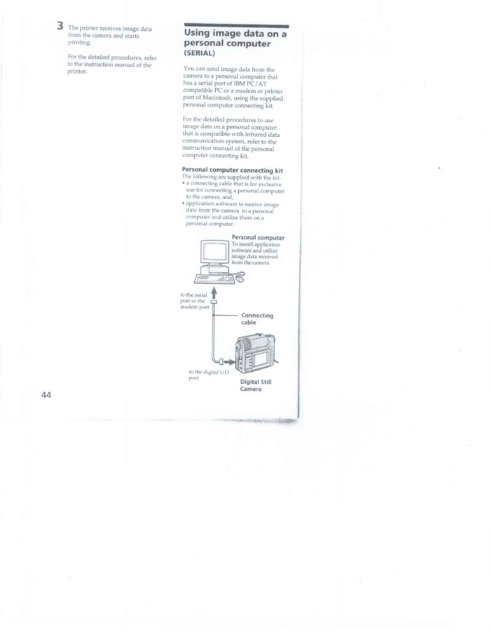 Using image data on a personal computer (serial), Personal computer connecting kit, Digital still camera | 44 using image data on a personal computer | Sony DSC-F1 User Manual | Page 44 / 60