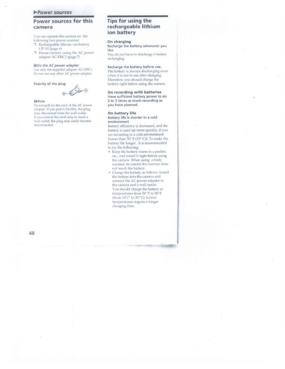 Poiver sources, Power sources, Poiver sources power sources for this camera | Sony DSC-F1 User Manual | Page 48 / 60