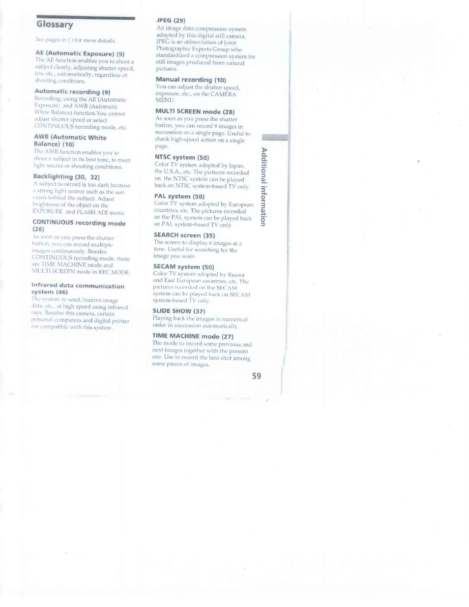 Glossary, Ae (automatic exposure) (9), Infrared data communication system (46) | Jpeg (29), Slide show (37) | Sony DSC-F1 User Manual | Page 59 / 60
