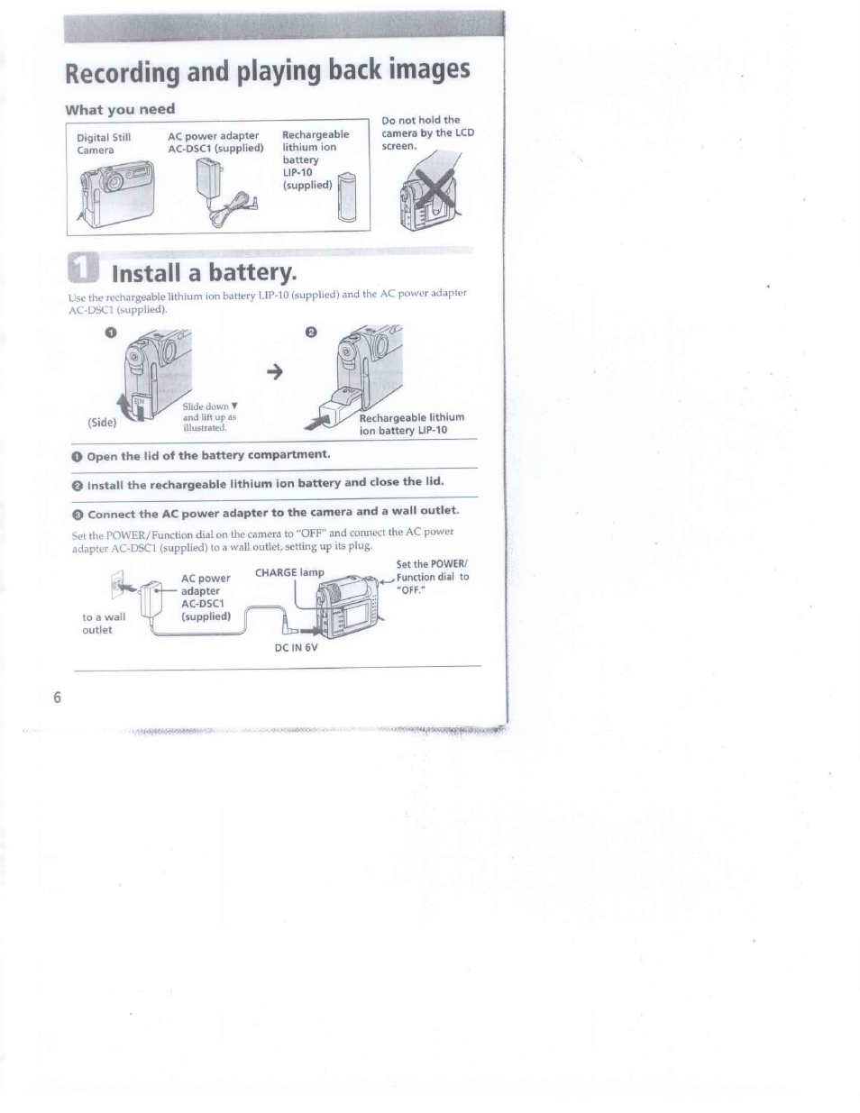 Recording and playing back images, Install a battery | Sony DSC-F1 User Manual | Page 6 / 60