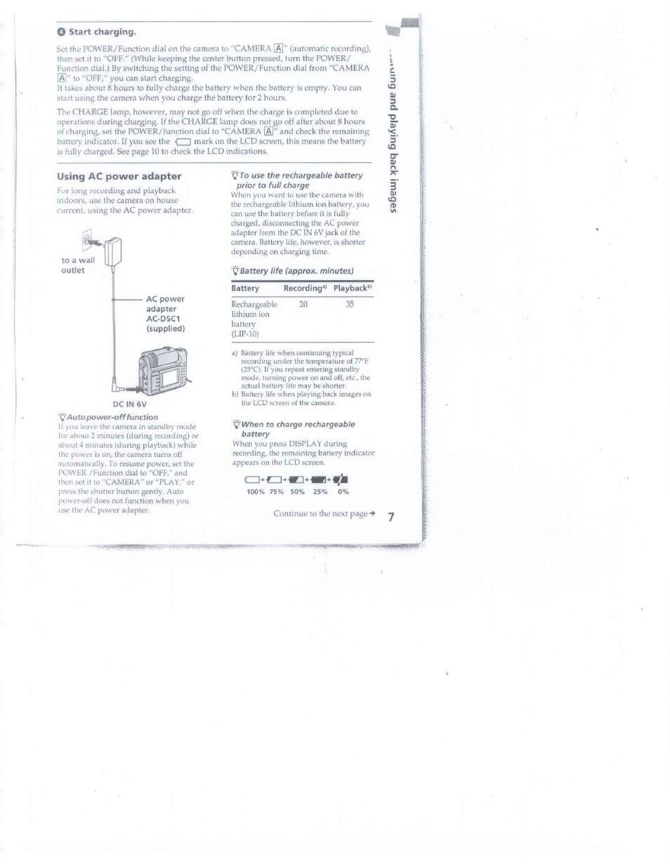 О start charging, Using ac power adapter | Sony DSC-F1 User Manual | Page 7 / 60