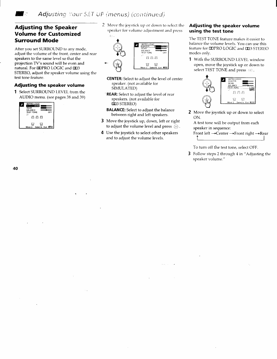 Adjusting the speaker volume, Adjusting the speaker volume using the test tone, A a a | Adjusting your set uf (menus) (continued) | Sony KP-61XBR200 User Manual | Page 44 / 70