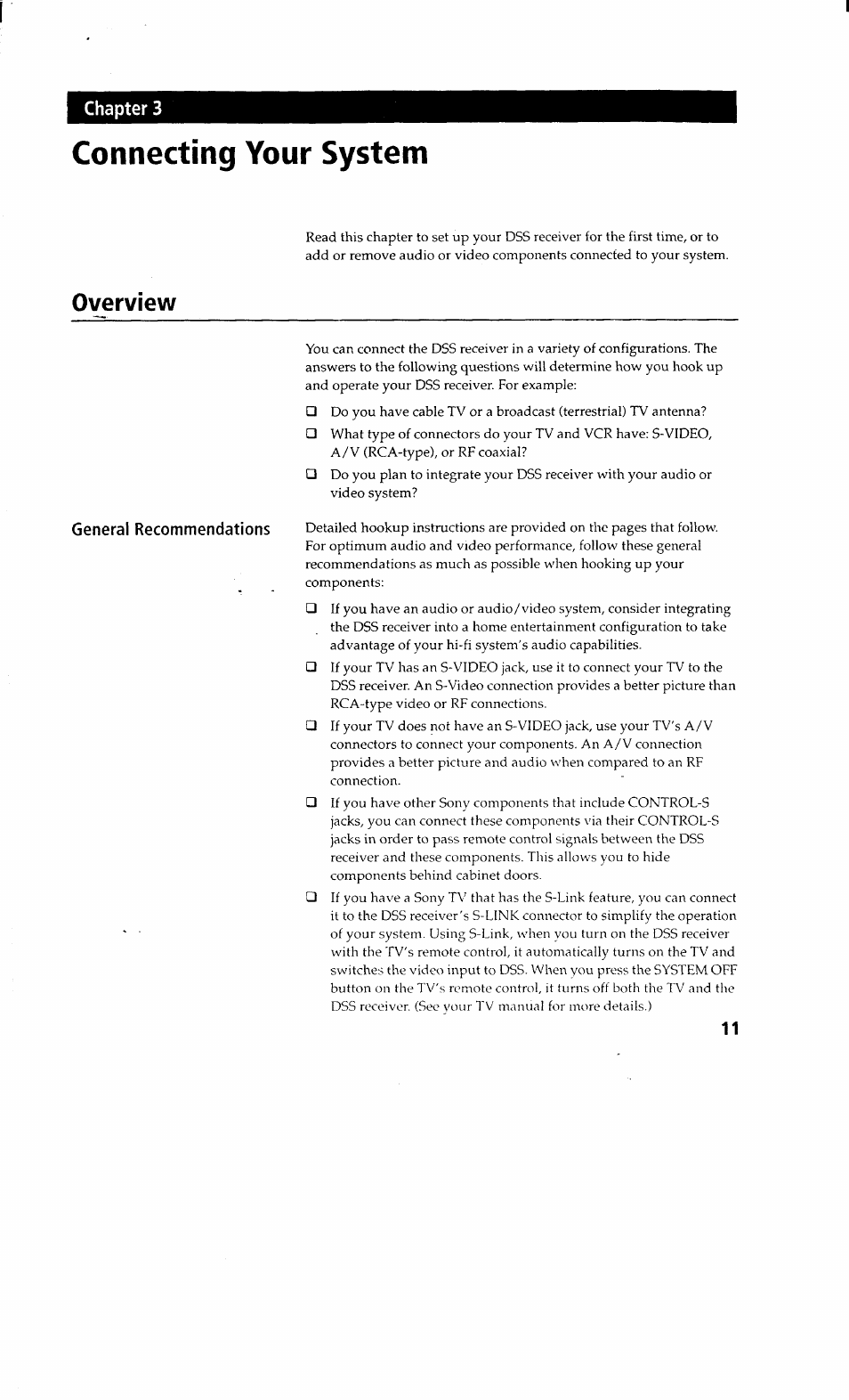 Connecting your system, Overview | Sony SAT-A2 User Manual | Page 11 / 96