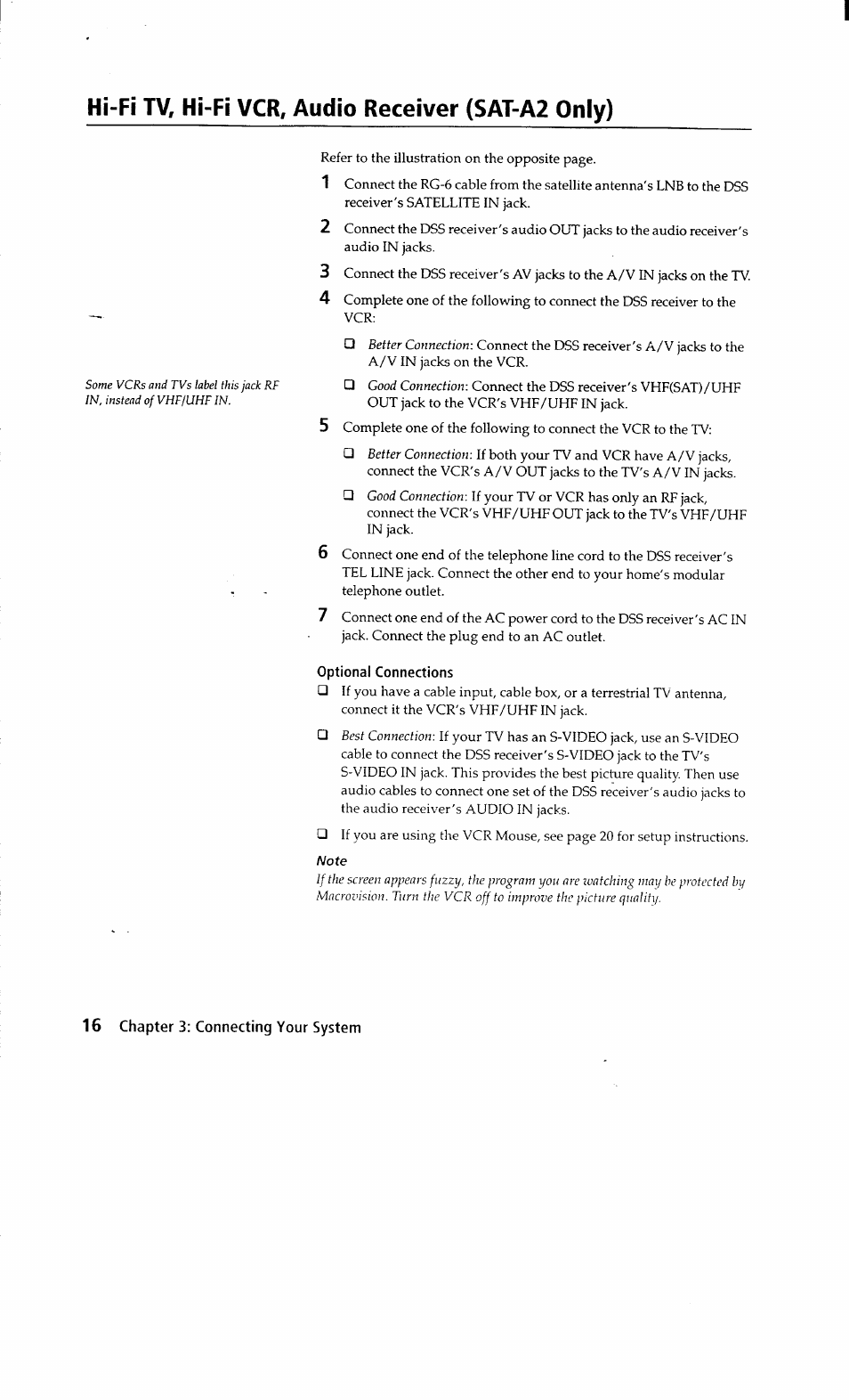 Optional connections, Hi-fi tv, hi-fi vcr, audio receiver (sat-a2 only) | Sony SAT-A2 User Manual | Page 16 / 96