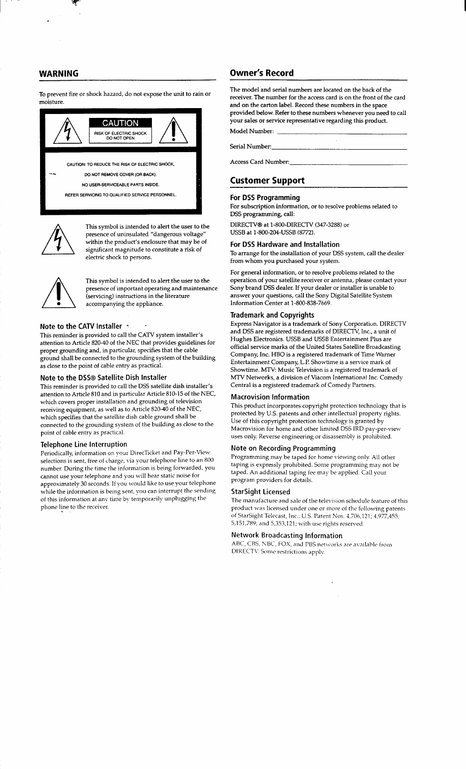 Owner's record, Customer support, Warning owner's record | Caution | Sony SAT-A2 User Manual | Page 2 / 96