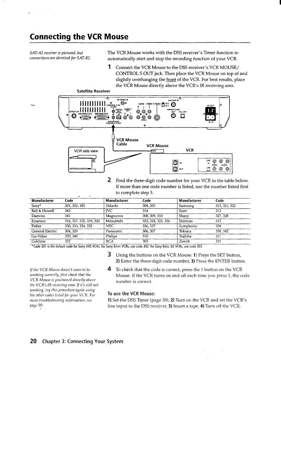 To use the vcr mouse, Connecting the vcr mouse | Sony SAT-A2 User Manual | Page 20 / 96