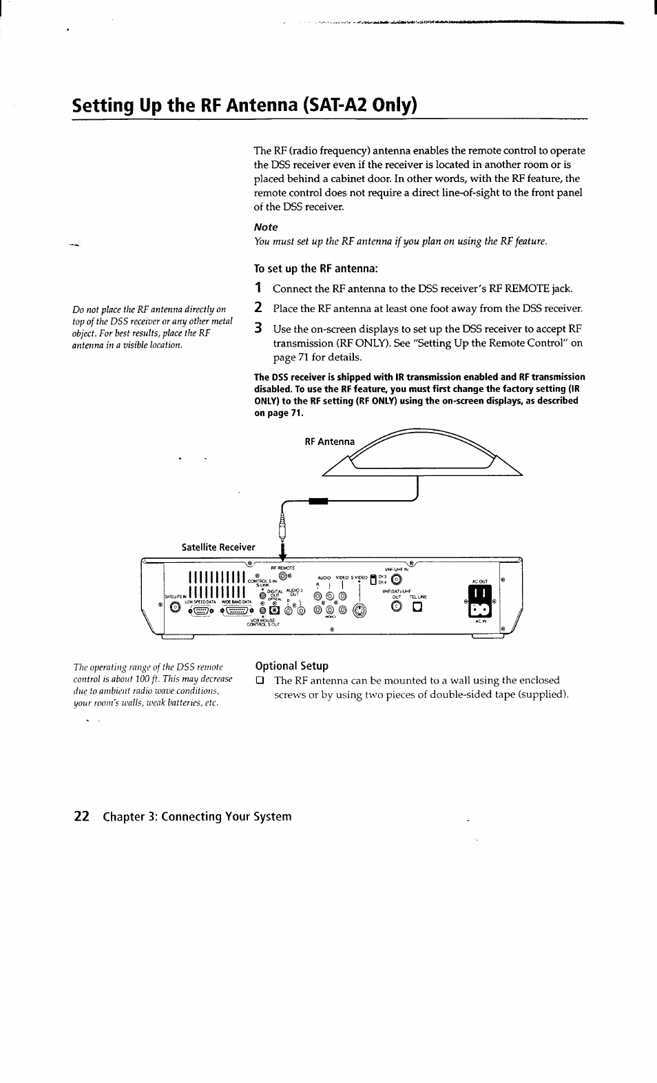 Setting up the rf antenna (sat-a2 only), To set up the rf antenna, Optional setup | Sony SAT-A2 User Manual | Page 22 / 96
