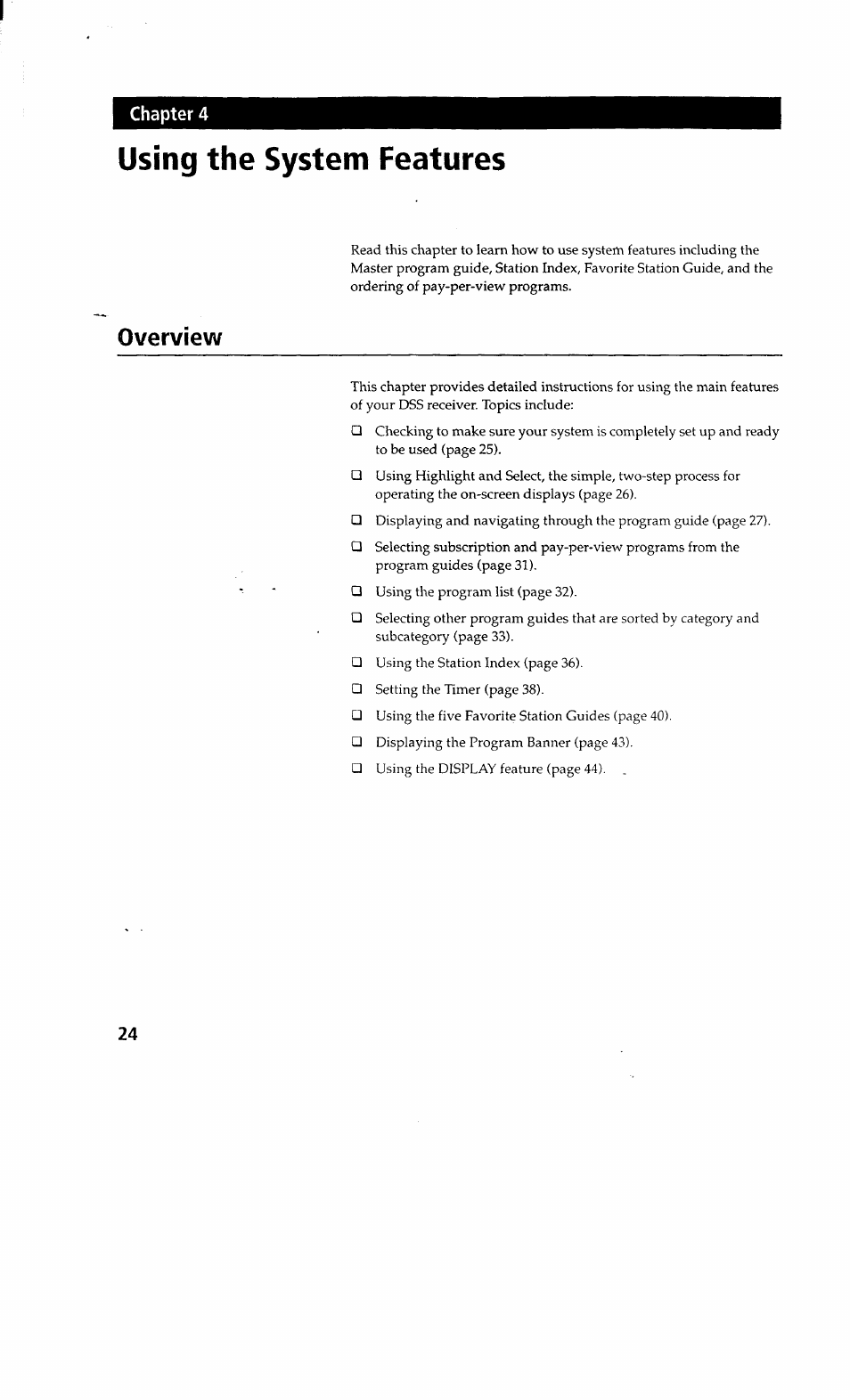 Using the system features, Overview | Sony SAT-A2 User Manual | Page 24 / 96
