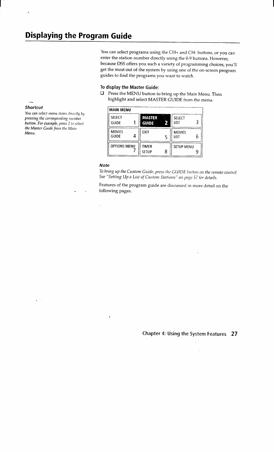 To display the master guide, Displaying the program guide | Sony SAT-A2 User Manual | Page 27 / 96