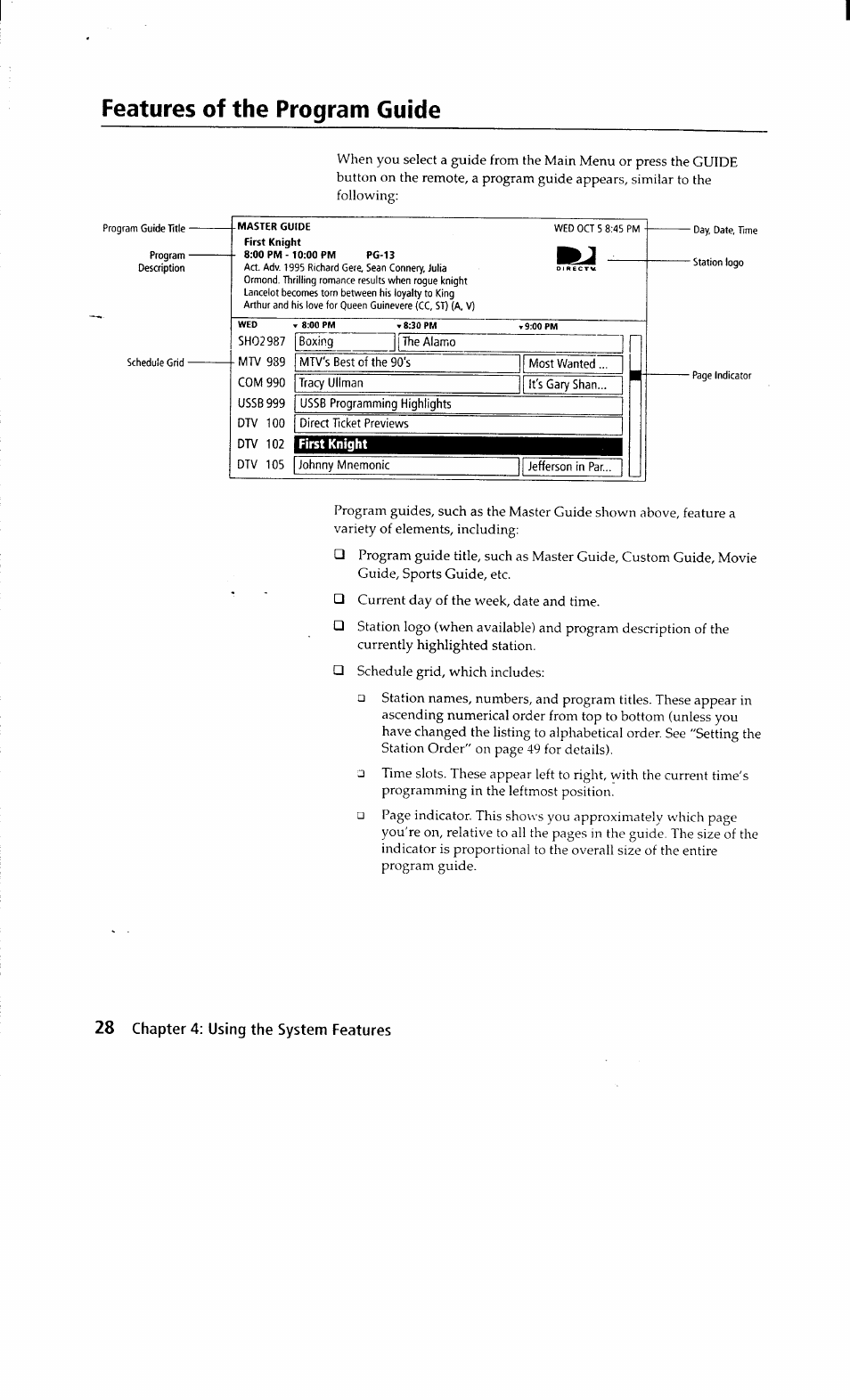 Features of the program guide, Chapter 4: using the system features | Sony SAT-A2 User Manual | Page 28 / 96