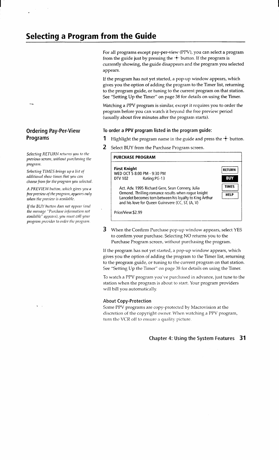 To order a ppv program listed in the program guide, About copy-protection, Selecting a program from the guide | Sony SAT-A2 User Manual | Page 31 / 96