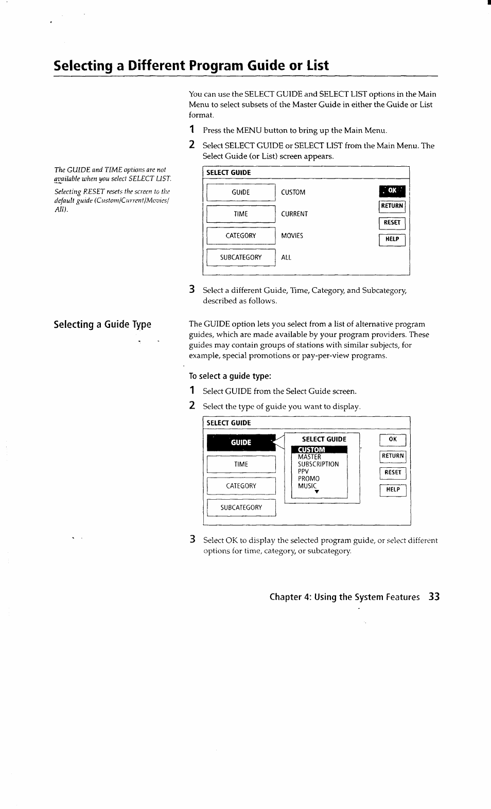 Selea guide, To select a guide type, Selecting a different program guide or list | Selecting a guide type | Sony SAT-A2 User Manual | Page 33 / 96