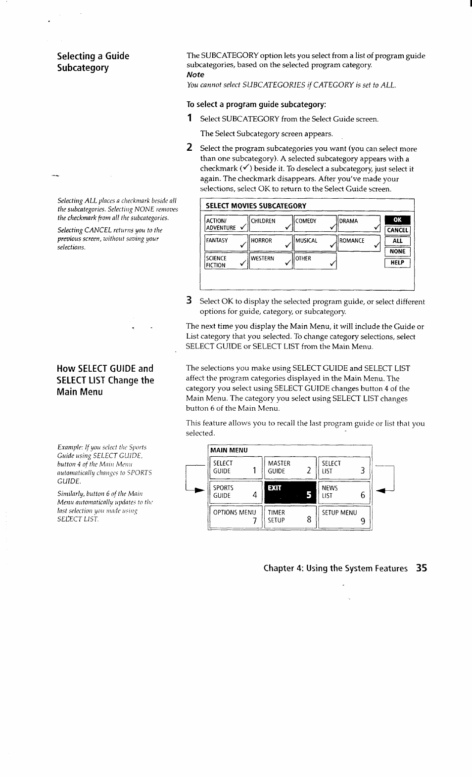 To select a program guide subcategory, Selecting a guide subcategory, 9chapter 4; using the system features | Sony SAT-A2 User Manual | Page 35 / 96