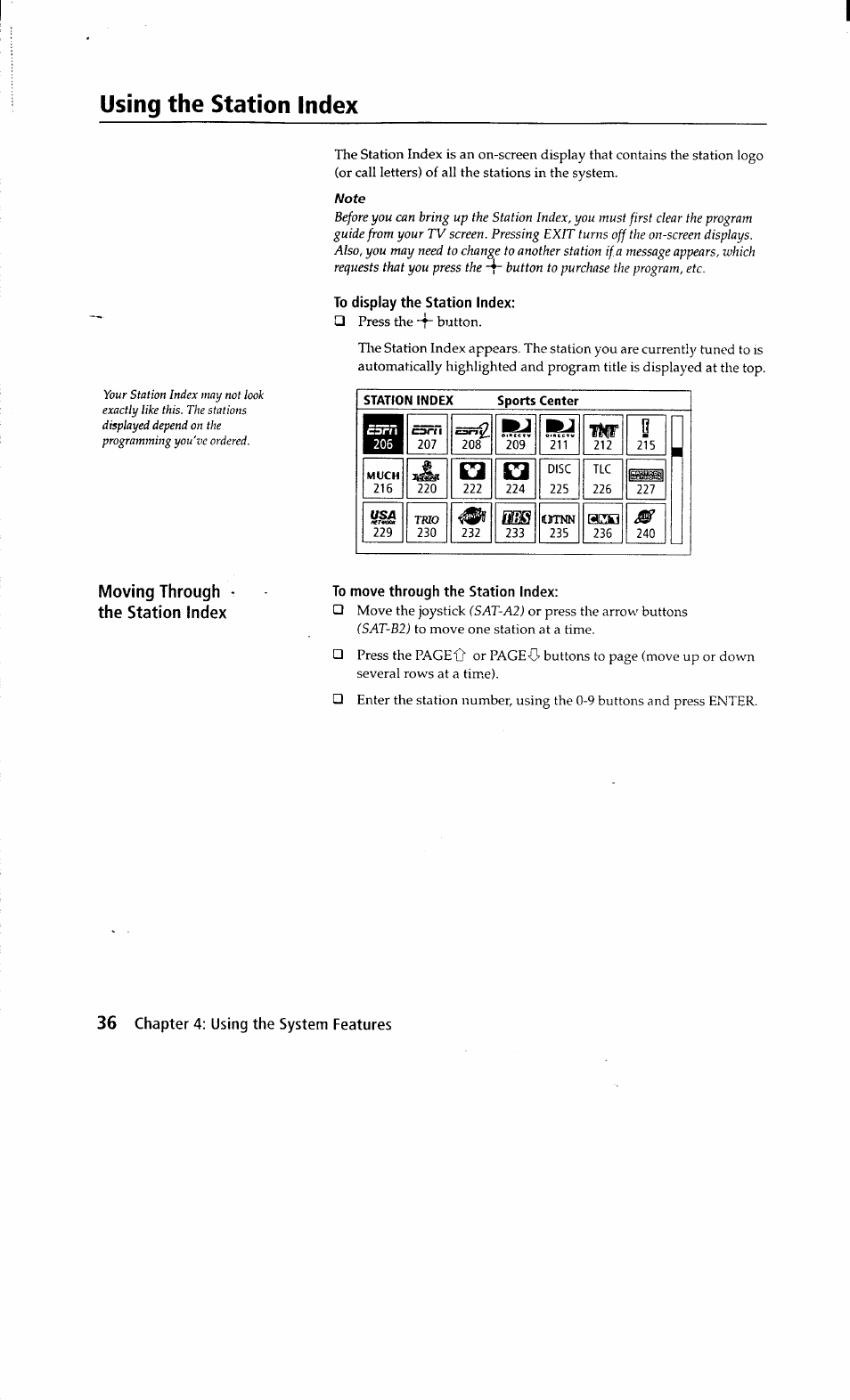 Using the station index, To display the station index, To move through the station index | Sony SAT-A2 User Manual | Page 36 / 96