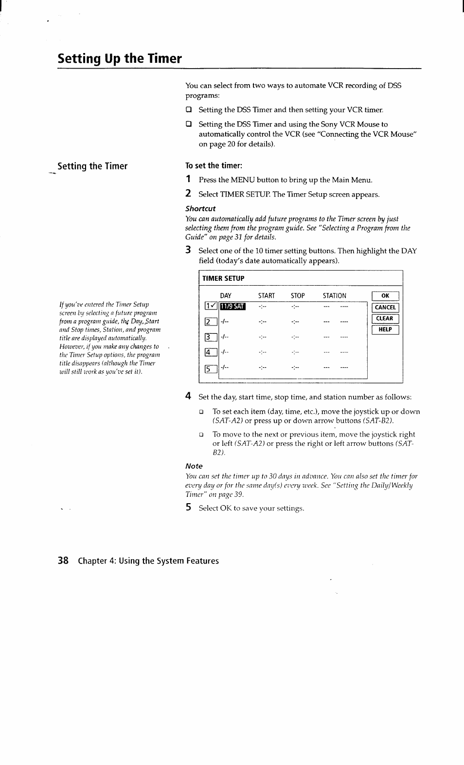Setting up the timer, To set the timer | Sony SAT-A2 User Manual | Page 38 / 96