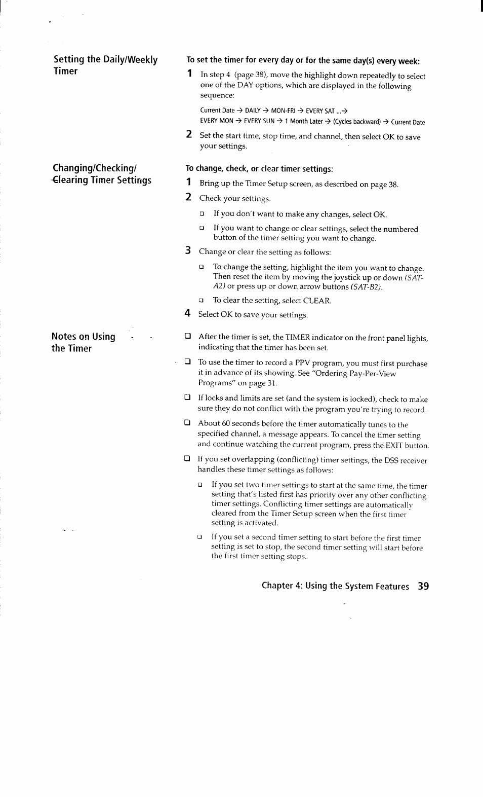 To change, check, or clear timer settings | Sony SAT-A2 User Manual | Page 39 / 96