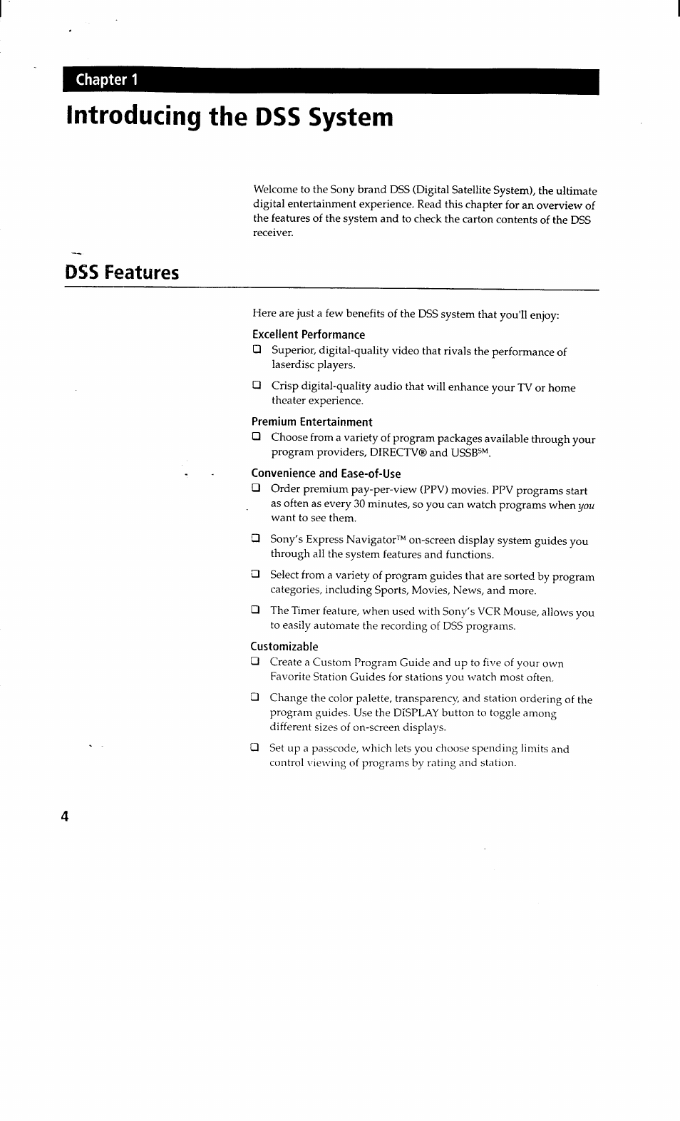 Introducing the dss system, Dss features, Excellent performance | Premium entertainment, Convenience and ease-of-use, Customizable | Sony SAT-A2 User Manual | Page 4 / 96