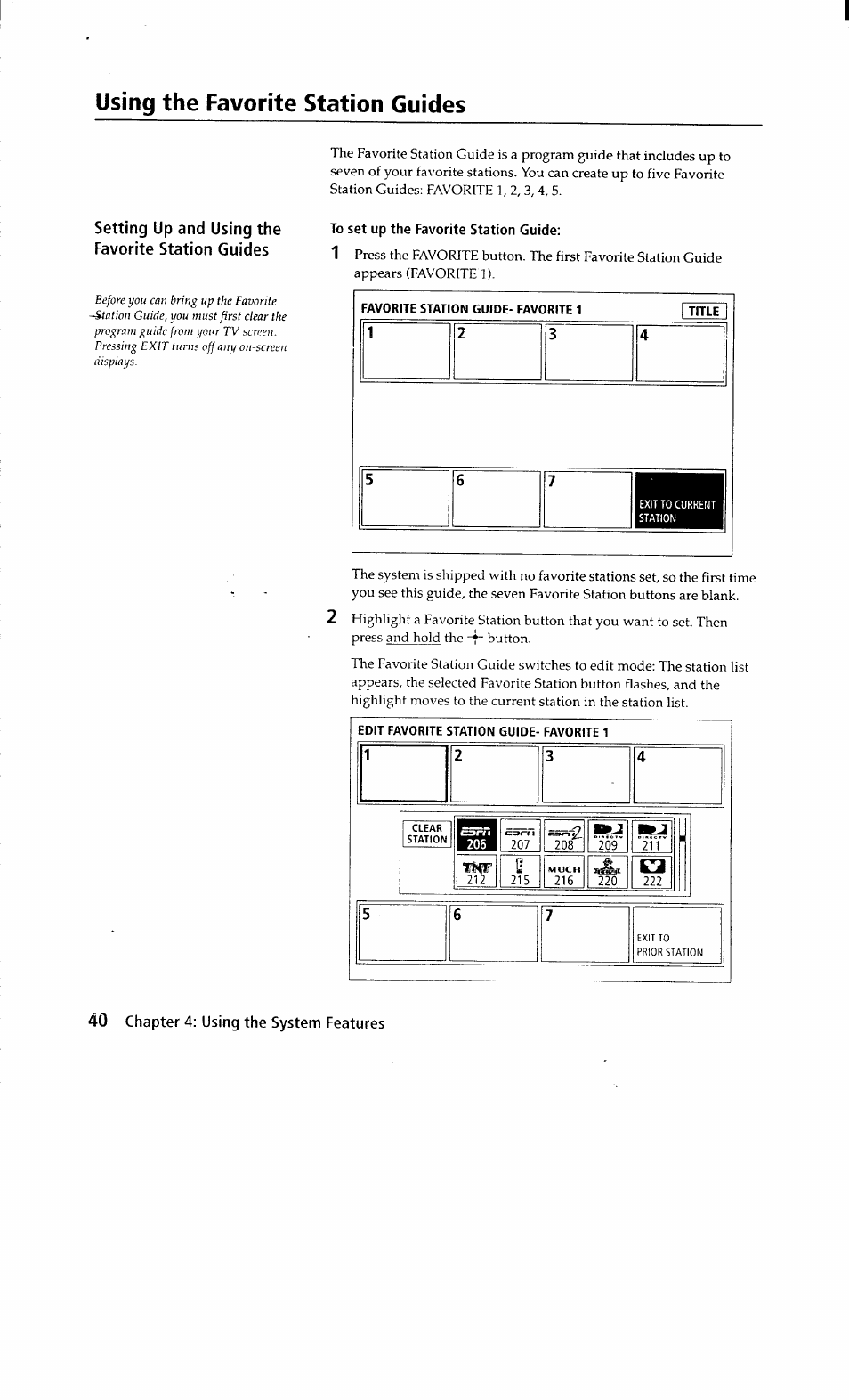 Using the favorite station guides, To set up the favorite station guide, Setting up and using the favorite station guides | Sony SAT-A2 User Manual | Page 40 / 96