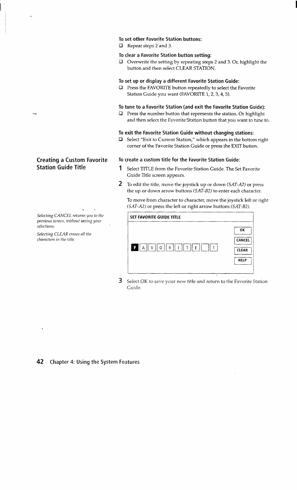 To set other favorite station buttons, To clear a favorite station button setting, Set favorite guide title | Sony SAT-A2 User Manual | Page 42 / 96