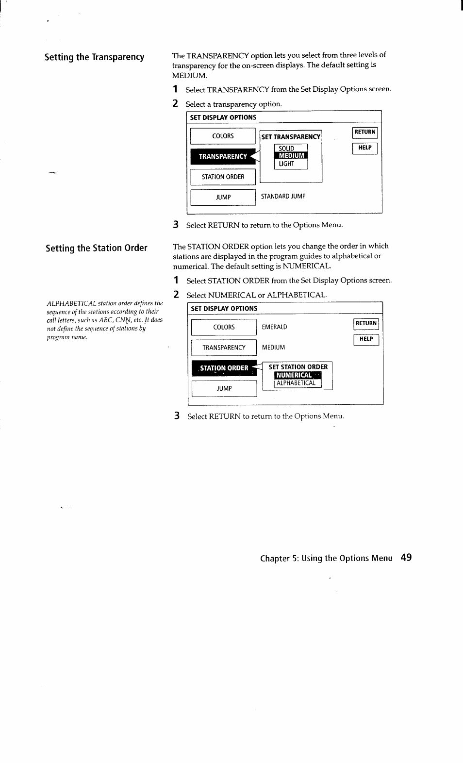 Set display options, Set transparency, Transparency medium | Set station order, Setting the transparency setting the station order | Sony SAT-A2 User Manual | Page 49 / 96