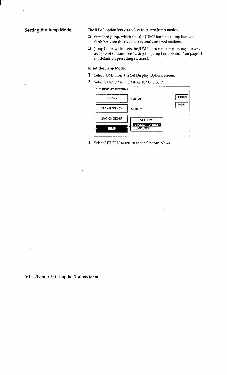 To set the jump mode, Set display options, Set jump | Standard jump, Setting the jump mode | Sony SAT-A2 User Manual | Page 50 / 96