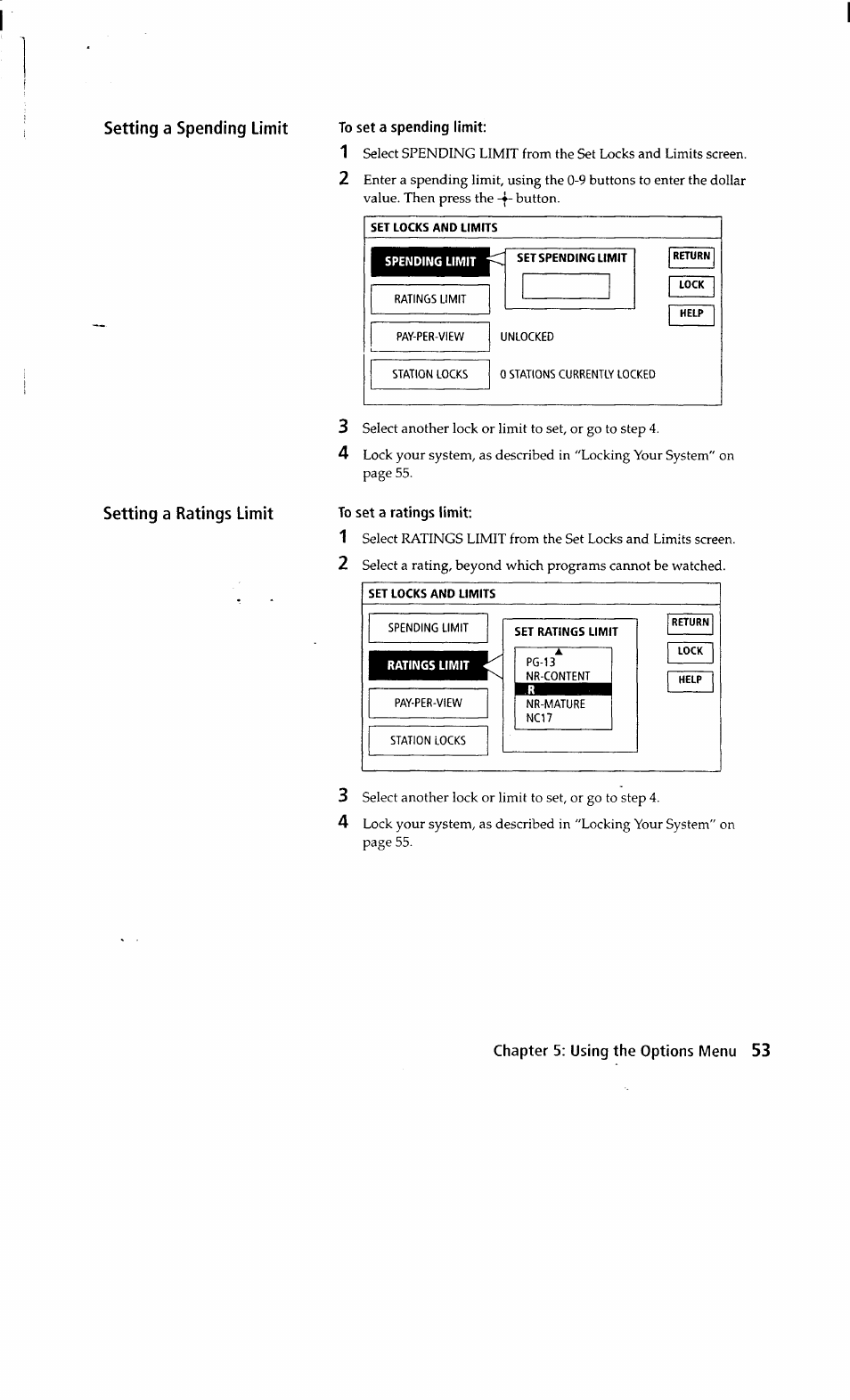 To set a spending limit, Set locks and limits, Set spending limit | To set a ratings limit, Ratings limit, Set ratings limit, Setting a spending limit setting a ratings limit | Sony SAT-A2 User Manual | Page 53 / 96