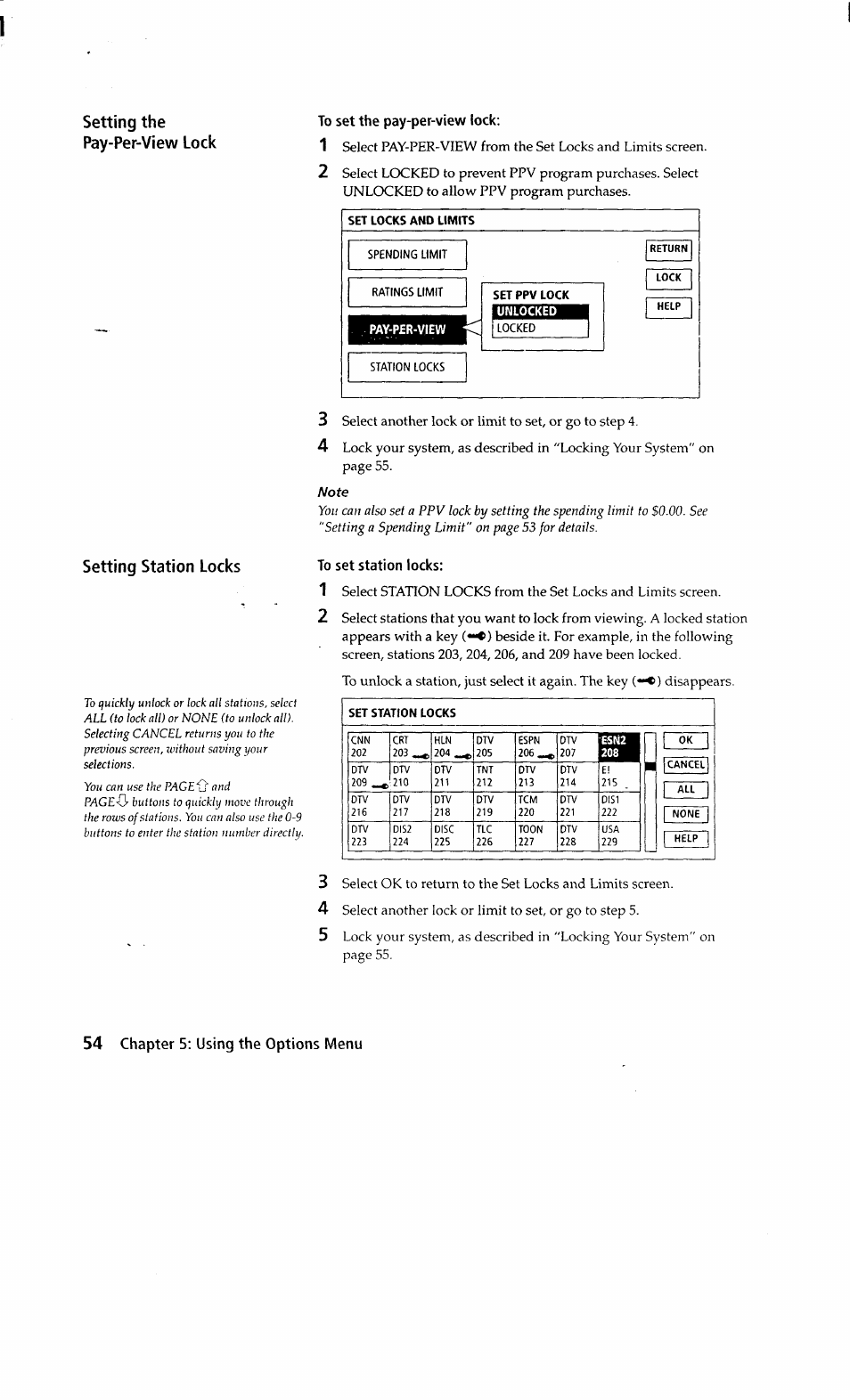 To set the pay-per-view lock, Set locks and limits, Set ppv lock | To set station locks, Chapter 5; using the options menu | Sony SAT-A2 User Manual | Page 54 / 96