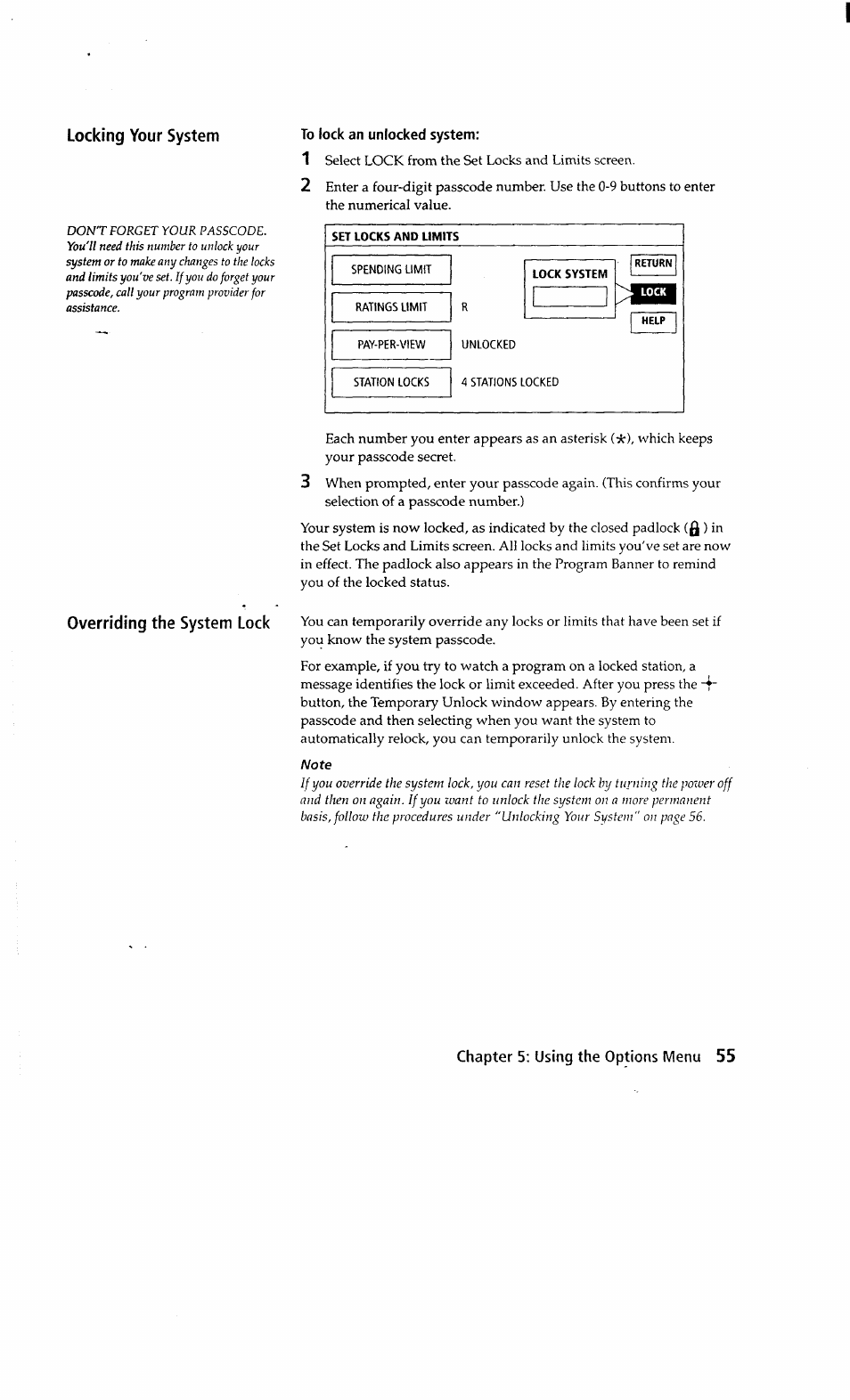 To lock an unlocked system, Set locks and limits | Sony SAT-A2 User Manual | Page 55 / 96