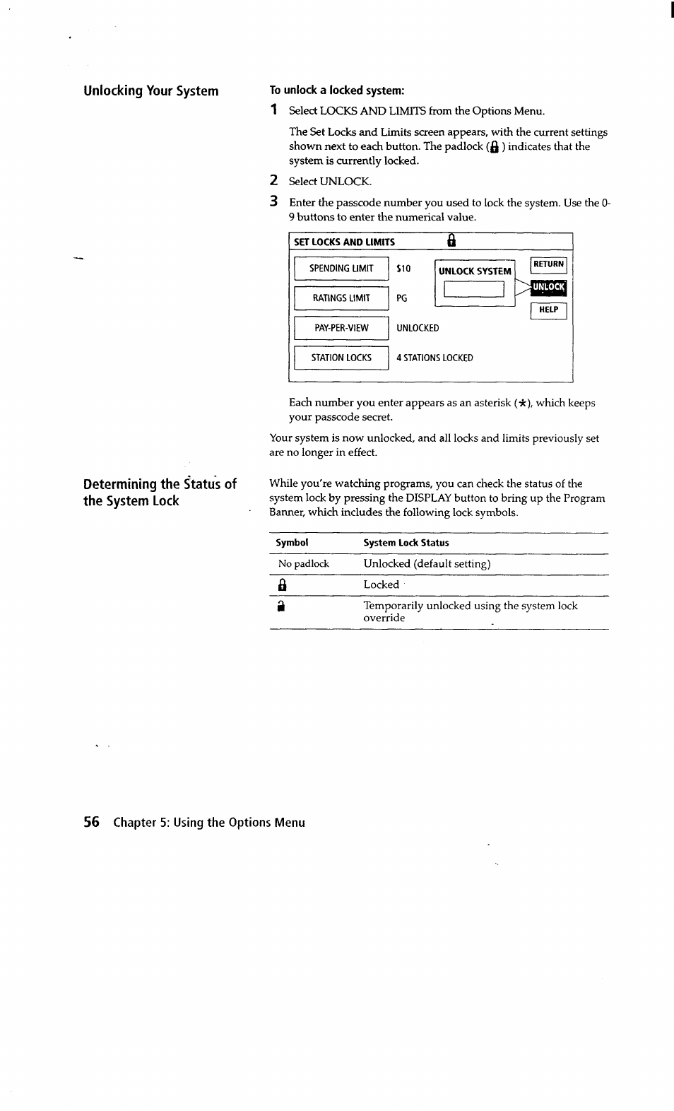 To unlock a locked system, Set locks and limits s, Unlock system | Sony SAT-A2 User Manual | Page 56 / 96