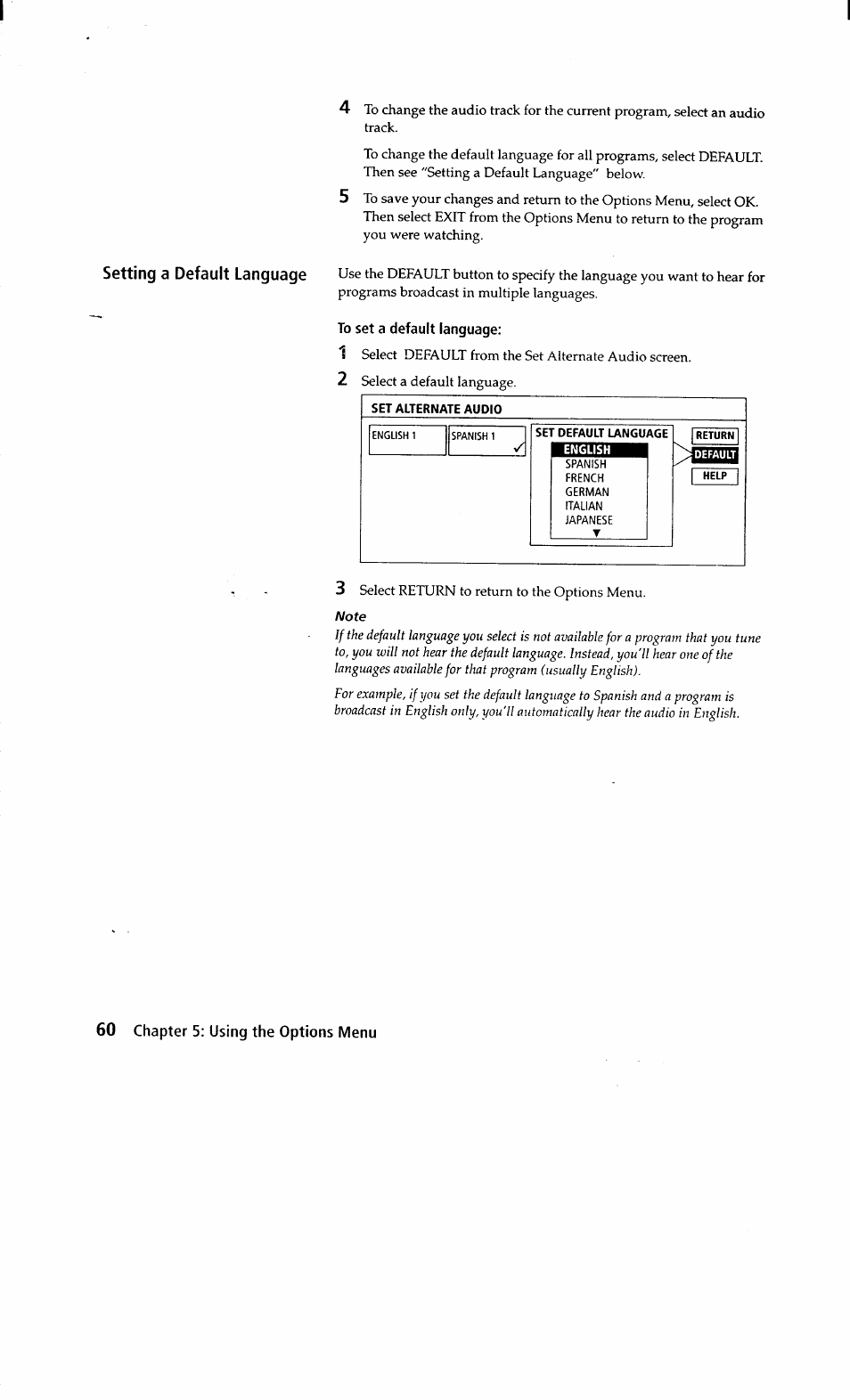 To set a default language, Set default language, English | Sony SAT-A2 User Manual | Page 60 / 96