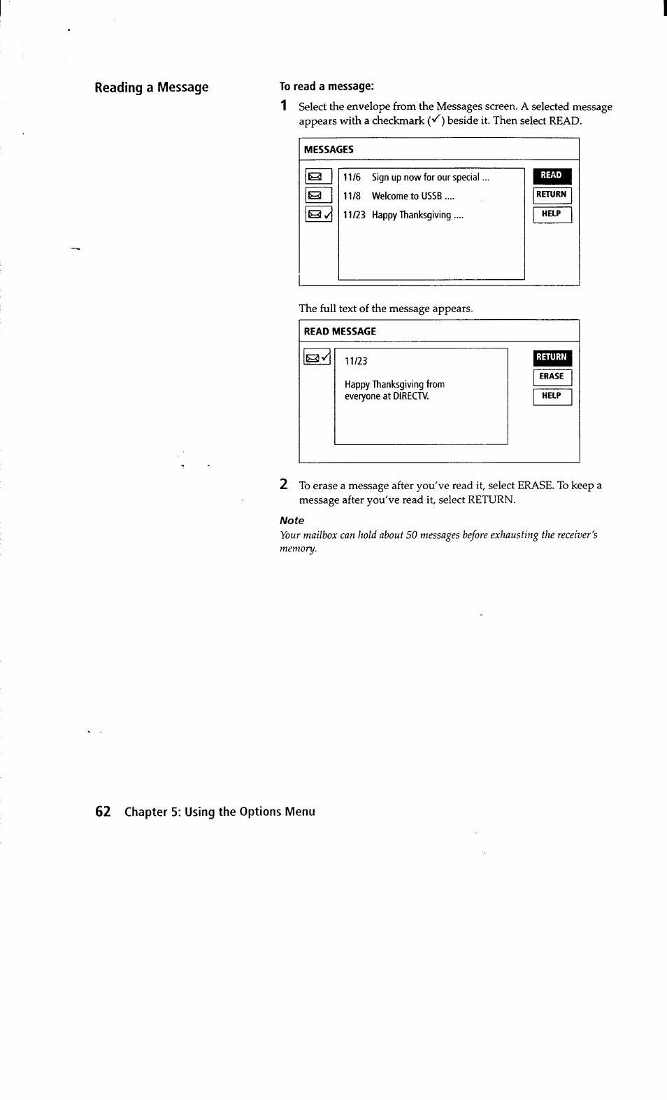 Reading a message 1 | Sony SAT-A2 User Manual | Page 62 / 96