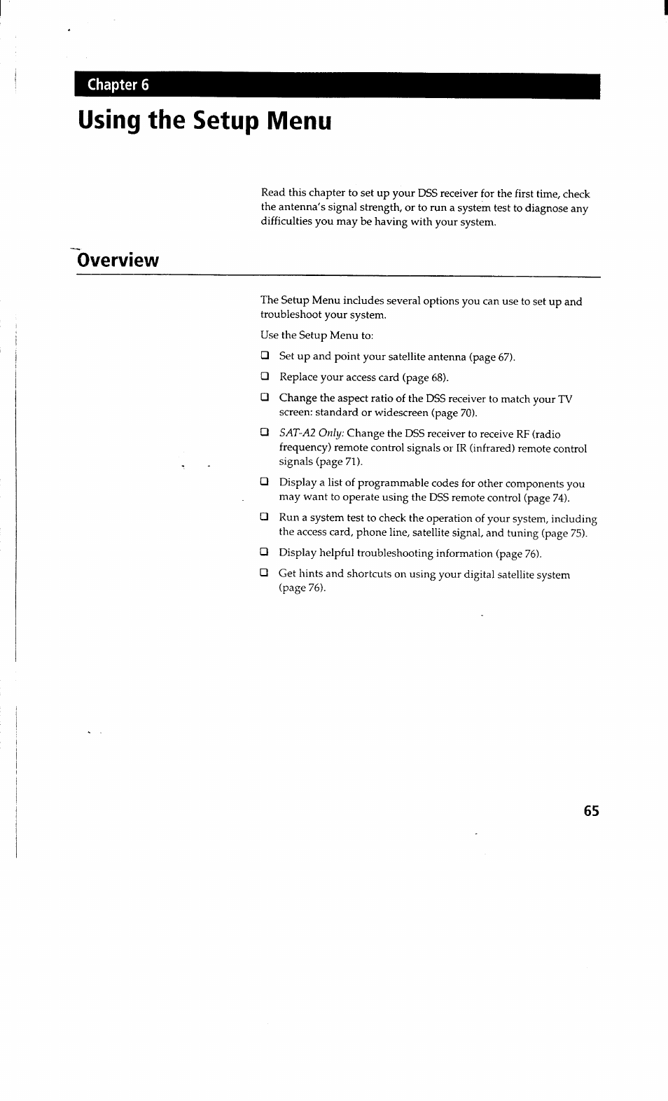 Using the setup menu, Overview | Sony SAT-A2 User Manual | Page 65 / 96