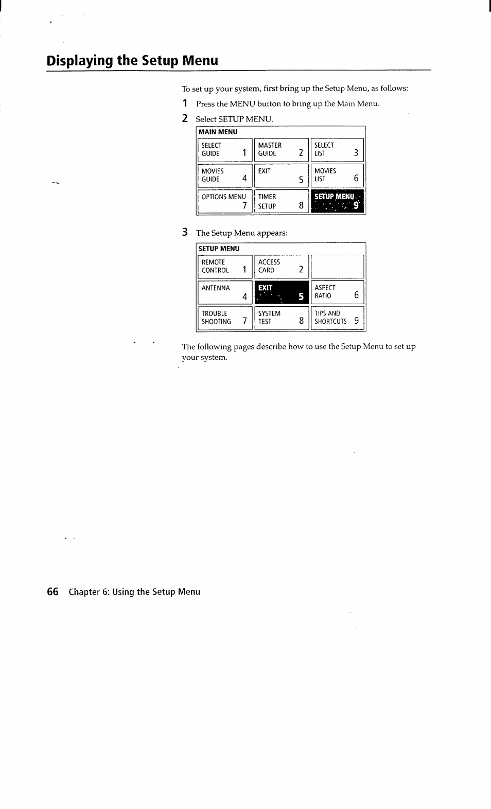 Displaying the setup menu | Sony SAT-A2 User Manual | Page 66 / 96