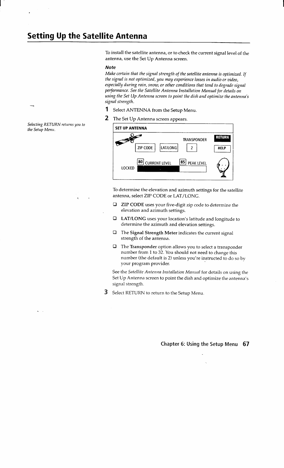 Set up antenna, Setting up the satellite antenna | Sony SAT-A2 User Manual | Page 67 / 96