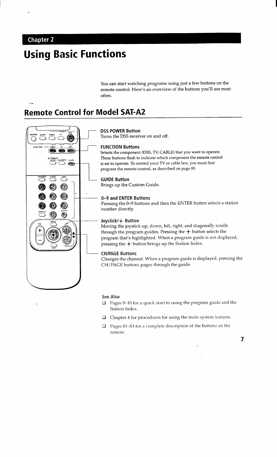 Using basic functions, Remote control for model sat-a2, Dss power button | Function buttons, Guide button, 9 and enter buttons, Joystickf-f- button, See also | Sony SAT-A2 User Manual | Page 7 / 96