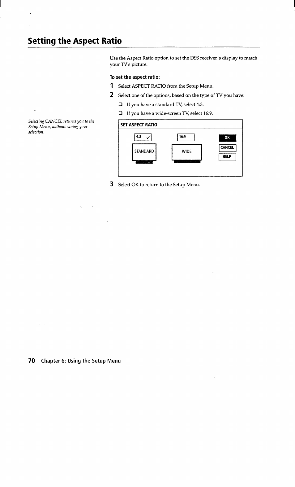 To set the aspect ratio, Setting the aspect ratio | Sony SAT-A2 User Manual | Page 70 / 96