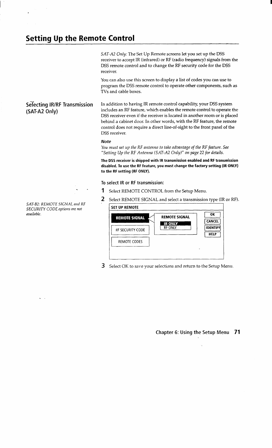 To select ir or rf transmission, Set up remote, Remote signal | Setting up the remote control | Sony SAT-A2 User Manual | Page 71 / 96