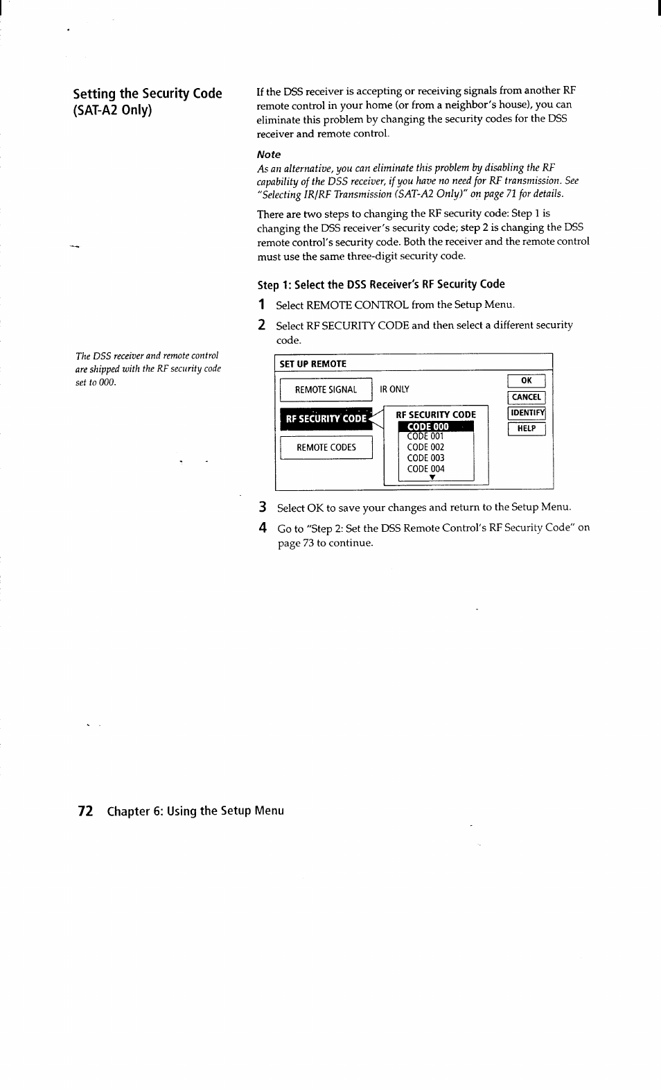 Step 1: select the dss receiver's rf security code, Set up remote, Rf security code | Sony SAT-A2 User Manual | Page 72 / 96