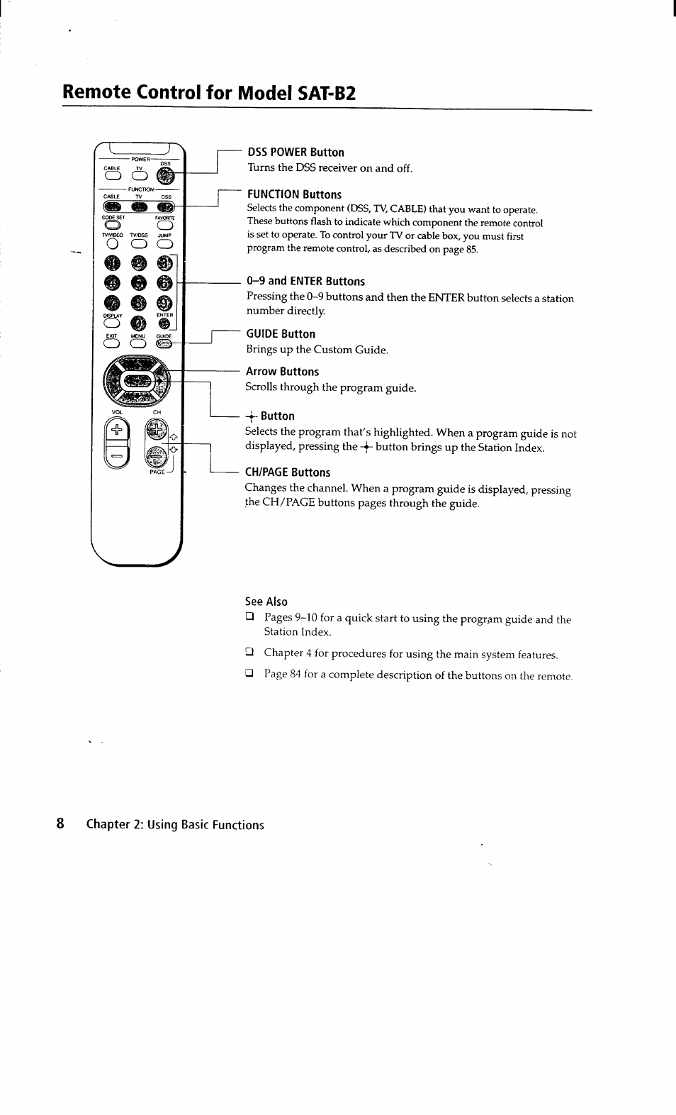 Remote control for model sat-b2, Dss power button, Function buttons | 9 and enter buttons, Guide button, Arrow buttons, 4~ button, See also, 8 chapter 2: using basic functions | Sony SAT-A2 User Manual | Page 8 / 96