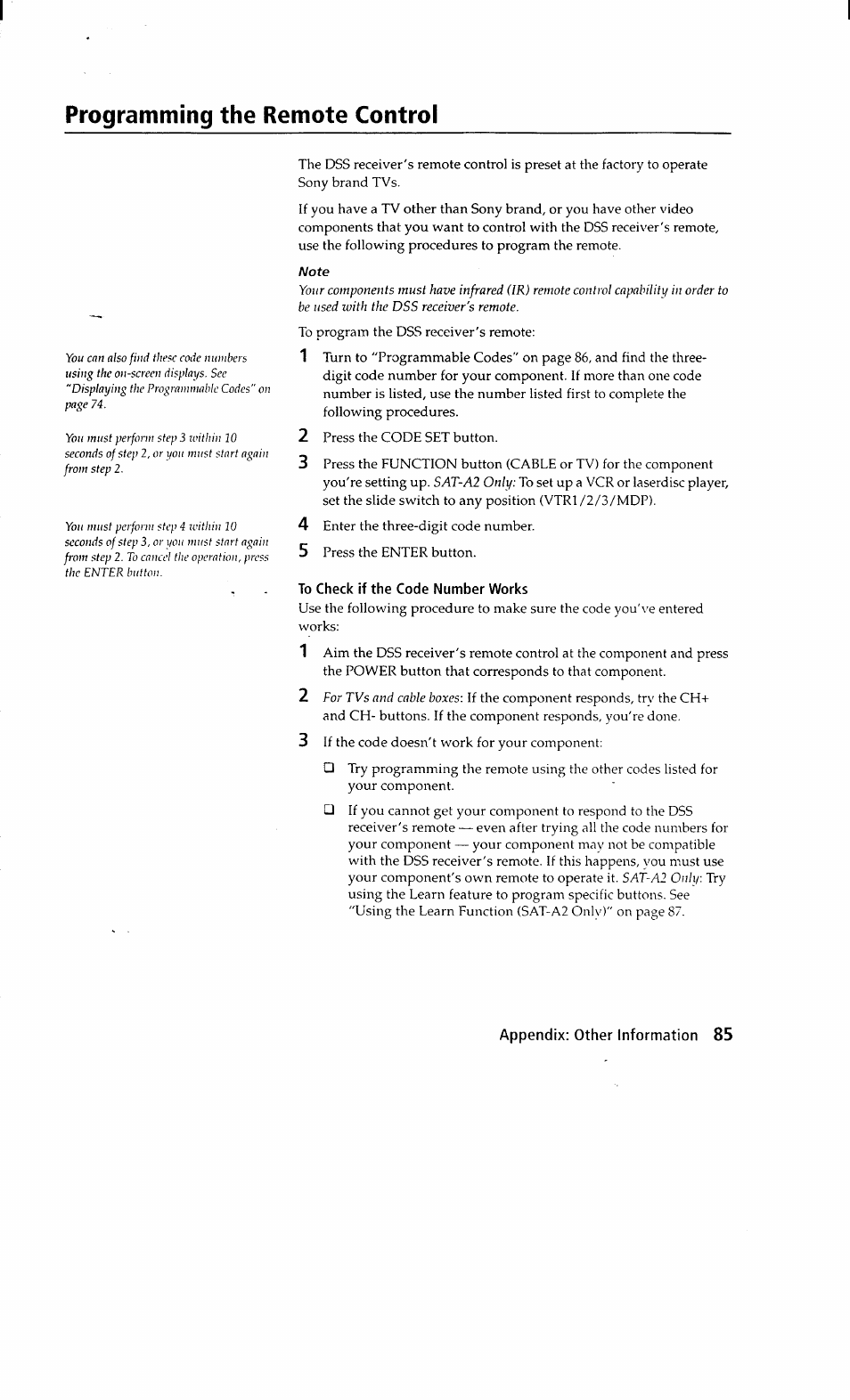 Programming the remote control, To check if the code number works | Sony SAT-A2 User Manual | Page 85 / 96