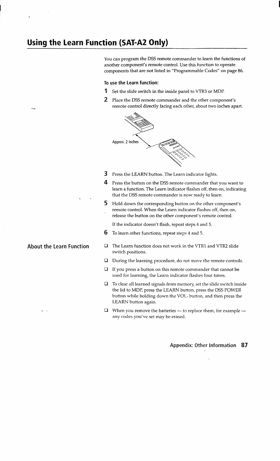 Using the learn function (sat-a2 only), To use the learn function | Sony SAT-A2 User Manual | Page 87 / 96