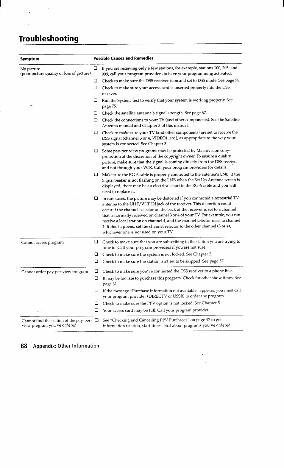 Troubleshooting | Sony SAT-A2 User Manual | Page 88 / 96
