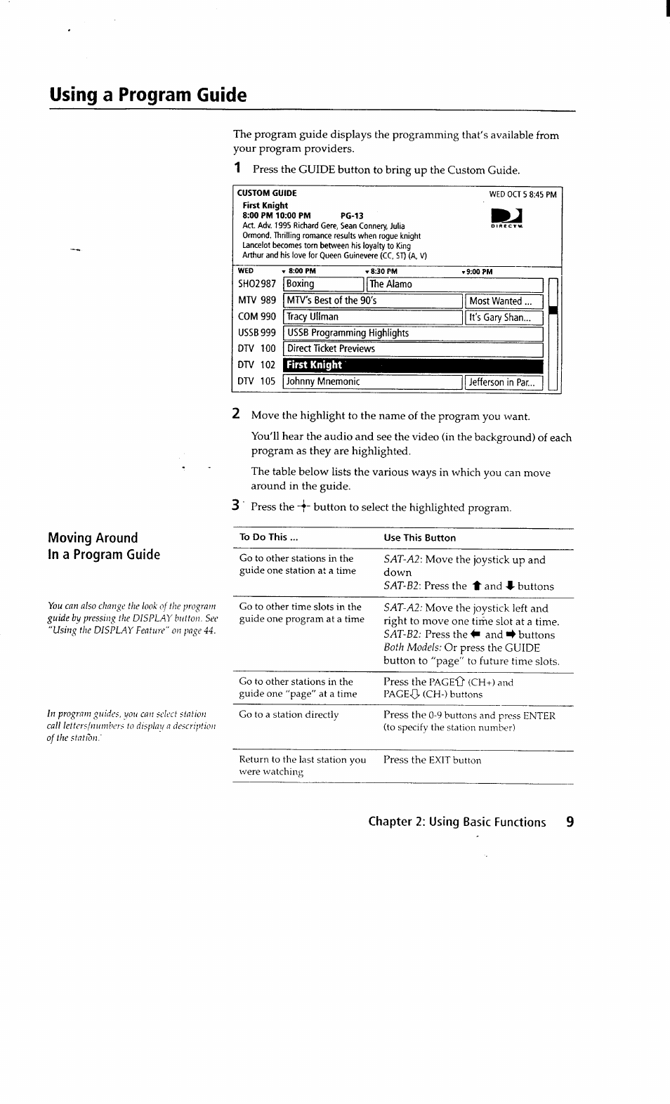 Using a program guide, Chapter 2; using basic functions 9, Moving around in a program guide | Sony SAT-A2 User Manual | Page 9 / 96